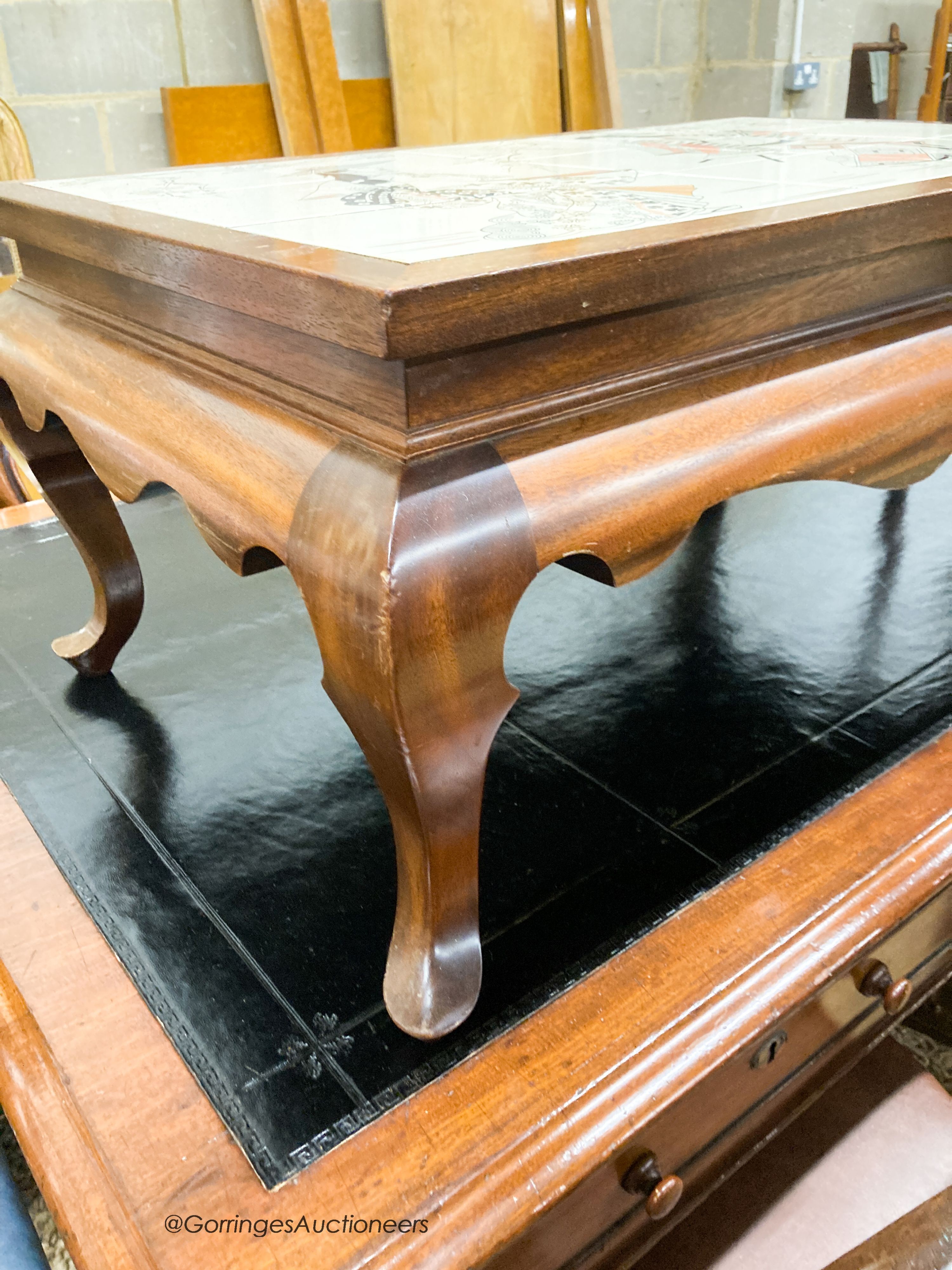 A Chinese style tilted top coffee table, tiles signed Maury, W.86cm D.56cm H.39cm